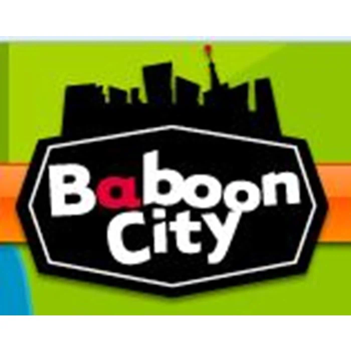 Et logo med en sort byskyline og hvid tekst med teksten Baboon City på en grøn og orange baggrund.